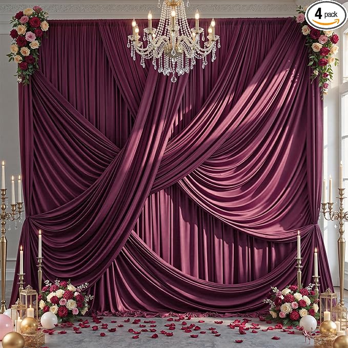20x12 ft Burgundy Backdrop Curtains for Weddings, Birthdays and Photos | 4 Panels 5x12 ft, Wrinkle-Free Polyester Drapes, Washable, Ironable, 4 in Rod Pocket for Baby Showers Photography Background by PartyVillage