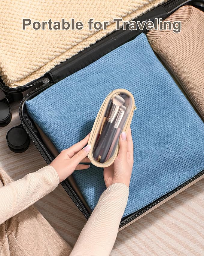 Soimeat Clear Travel Makeup Brush Holder, Leather Makeup Brush Toiletry Bag, Portable Cosmetic Brush Case, Transparent Waterproof Makeup Brush Storage Bag, Khaki - Image 6