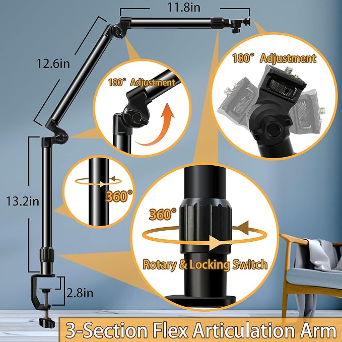 Overhead Camera Mount Desk Stand, Bearing 18lb, Base& Top 360° Adjustable, with 1/4“ 3/8" 5/8" Screw, 3-Section Flexible Articulating Metal Arm for DSLR Camera/Webcam | with 1/4“ 3/8" 5/8" Screw, 3-Section Flexible Articulating Metal Arm for DSLR Camer... - Image 2