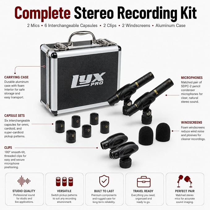 LyxPro SDPC-2 Stereo Pair Small Diaphragm Condenser Microphones, XLR Pencil Mic Set with Omni, Cardioid & Super Cardioid Capsules for Acoustic Guitar, Drums, Piano & Studio Recording - Image 2