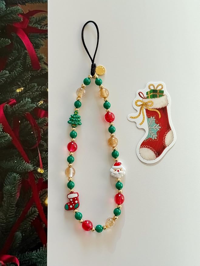 Drawwind Phone Charm Beaded Wristlet Strap Universal Cell Phone Lanyard Cute Bracelet Wrist Strap Beaded Chain String Handmade Accessories for Case Camera Bags (Merry Christmas) - Image 3
