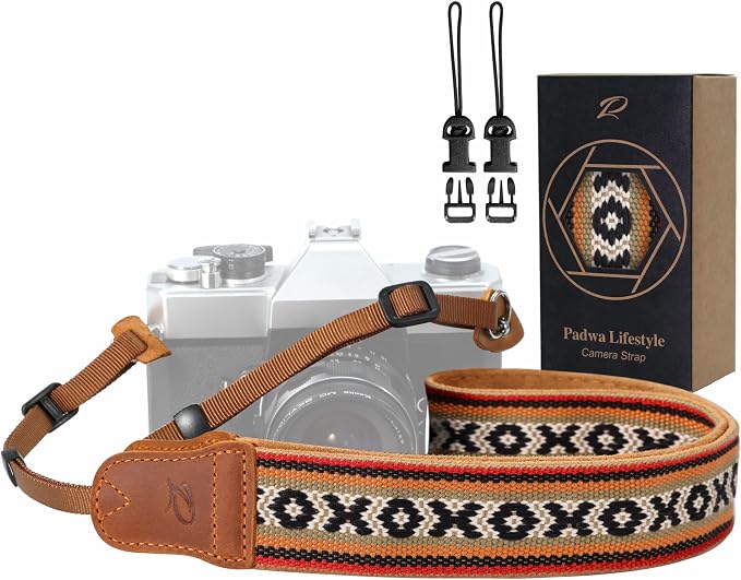 Padwa Lifestyle Camera Strap - 1.5" Crazy Horse Cowhide Ends Embroidered Camera Straps for Photographers, Cute Cotton Weave Soft Suede Fabric Padded Strap fits All Cameras for Adults & Kids by PadwaLifestyleCameraStrap