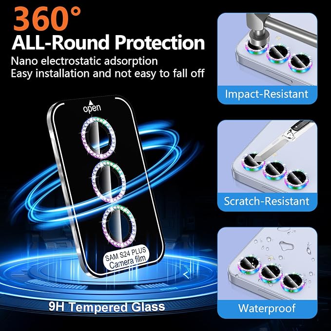 for Samsung Galaxy S24 Plus Camera Lens Protector, Individual Metal Ring Tempered Glass Lens Cover, [Strong Adsorption] Scratch Resistant Ultra-Thin HD Clear Lens Cover, 1 Set-Colorful Diamond - Image 2