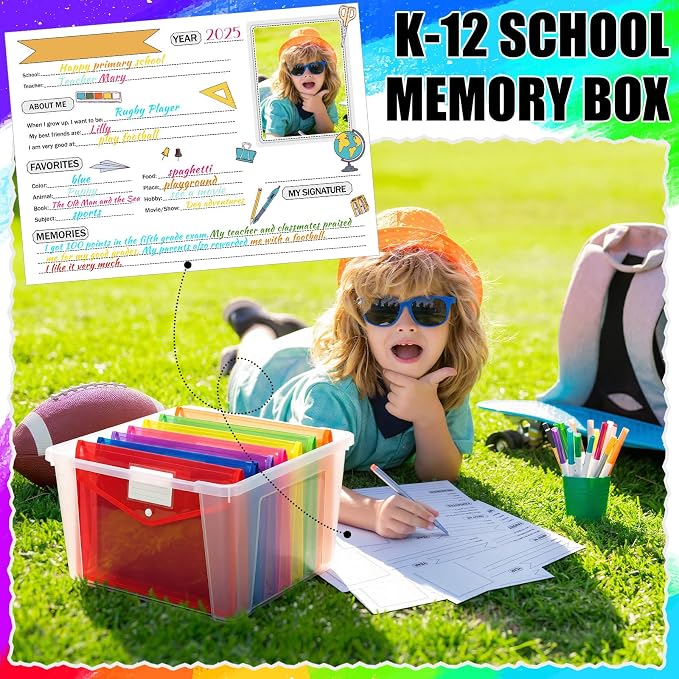 Motipuns 14 Pack K-12 School Memory Box Back to School, Multicolor | Large Capacity Organizer, 16 Questionnaire Cards, Photo Album Keepsake Scrapbook, from Pre to 12th Grade File Picture Folder - Image 2