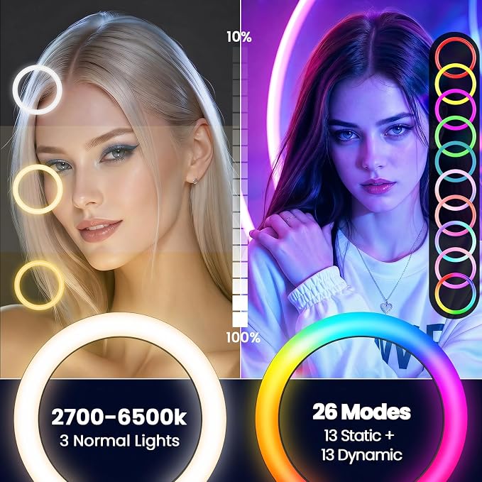 12" Selfie Ring Light with 73" Extendable Tripod Stand and Phone Holder, 38 Color Modes Dimmable RGB Ring Light,3-in-1 Desk & Floor Use for iPhone, Makeup, TikTok, YouTube, Live Streaming - Image 7