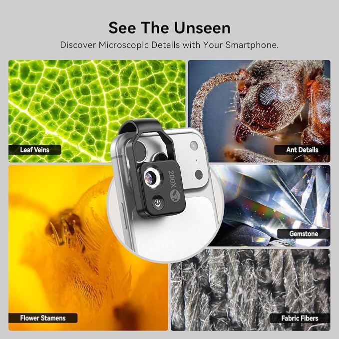 200X Phone Mini Pocket Microscope with CPL Filter, LED Light, Universal Clip, Nano Zoom Portable Digital Microscope Camera Attachments for 99% Smartphone - Image 2