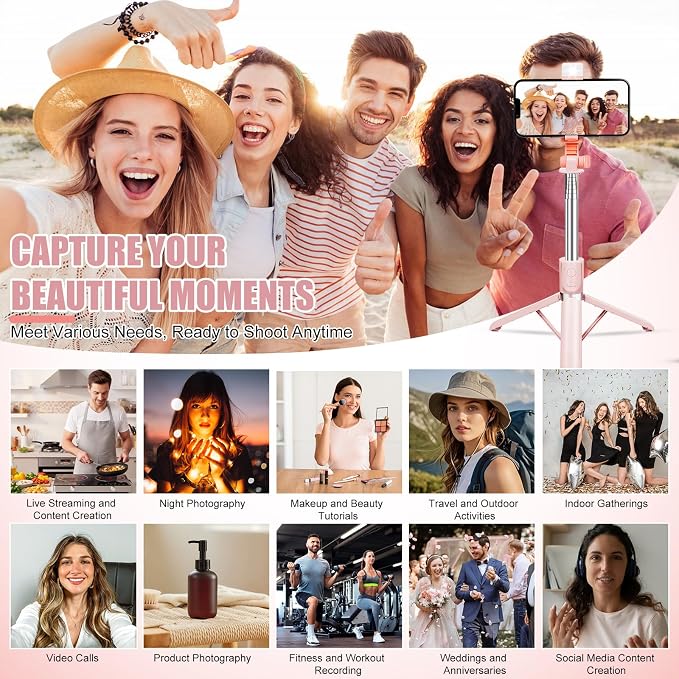 Selfie Stick with Rechargable Remote & Light (1PC), Tripod for iPhone, Cell Phone Stand for Video Recording, Portable Travel Essentials Smartphone Mount Holder, Extendable Vlogging Filming Accessories - Image 7