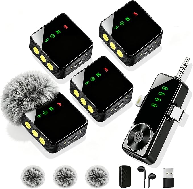 4 Pack Wireless Lavalier Microphone for iPhone Android & Camera | Mini Mics with AI Noise Reduction, 40H Battery for 4-Person Interviews, Video Recording, Podcasts, YouTube, TikTok, Vlogging by Ominoral