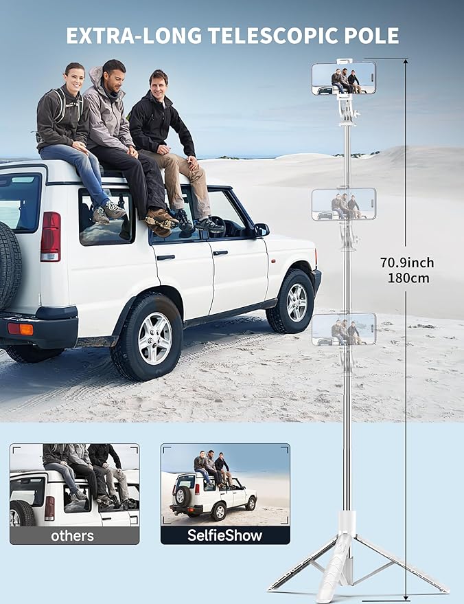 71" Cell Phone Selfie Stick Tripod, Smartphone Tripod Stand with Remote, Extendable Travel Phone Selfie Stick Compatible with iPhone 17/16/15/14/13 Pro Max Gopro Android DJI (White) - Image 2