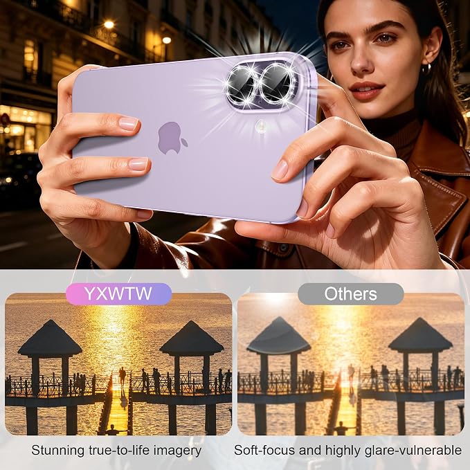 YWXTW [All-Over Glitter Camera Lens Protector for iPhone 17/iPhone 16/iPhone 16 Plus, 9H Tempered Glass Camera Lens Cover, Anti-Scratch Case Friendly(Purple) - Image 4