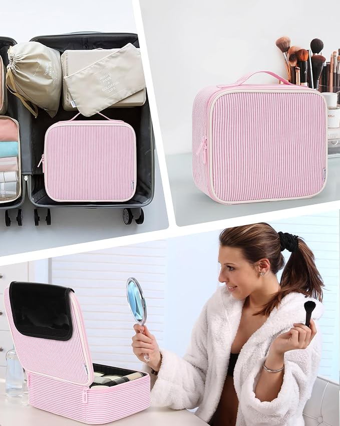 Relavel Travel Makeup Train Case, Portable Cosmetic Case Makeup Organizer, Professional Artist Storage Bag with Adjustable Dividers for Cosmetics Brushes, Birthday Gifts for Girls, Pink Stripe - Image 7