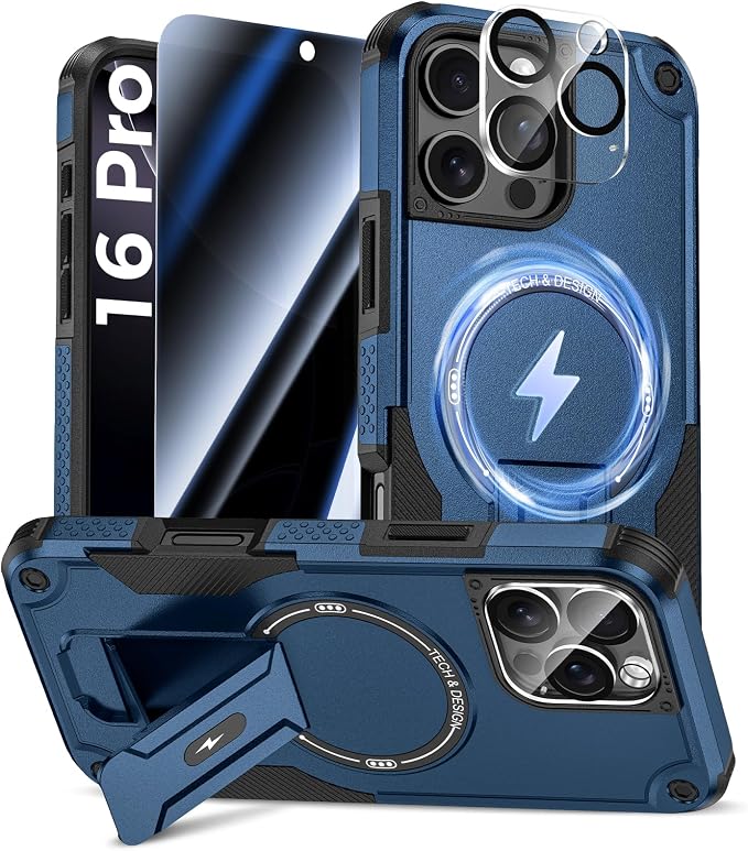 Goton 3 in 1 for iPhone 16 Pro Case with Privacy Screen Protector Blue | Glass Camera Lens Protector,Compatible for MagSafe,Invisible Kickstand, Shockproof Phone Cover for iPhone 16Pro by Goton