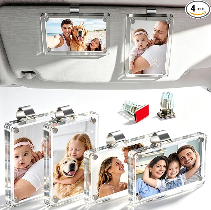 Car Picture Holder for Visor & Air Vent, 4 Pack | Clear magnetic acrylic frames fit Instax Mini, Polaroid Go & wallet-size photos for secure display and easy picture changes by Jonfolk
