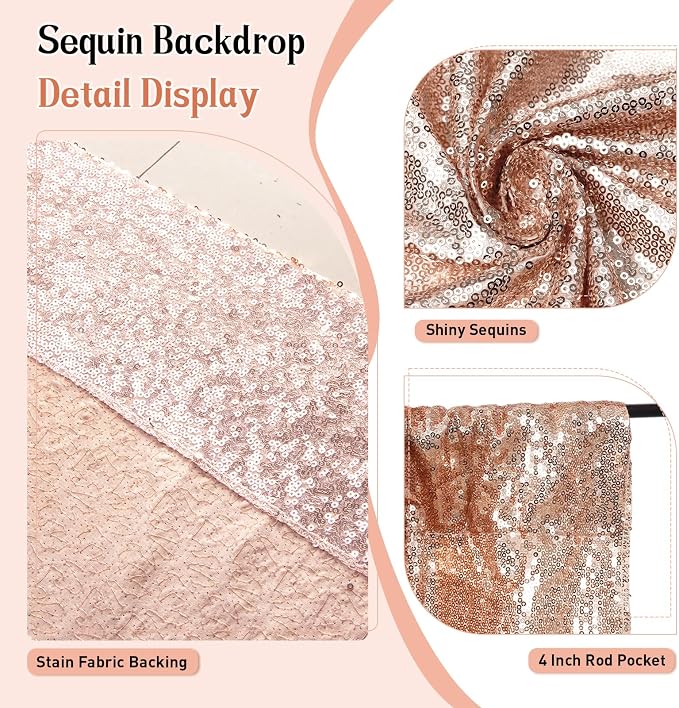 SquarePie 5x7ft Rose Gold Sequin Backdrop, High Density Non-Transparent Glitter Curtain for Photography, Birthday, Wedding Party Decorations, Thick Solid Background with 4" Rod Pocket, 1 Panel - Image 3