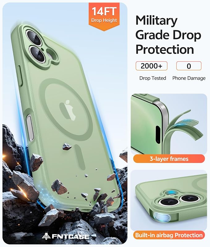 FNTCASE for iPhone 16 Case, Fit for Magsafe, Screen Protector, Light Moss | Full Camera Protection, Translucent Matte, 14FT Military Grade Drop Proof, Shockproof Protective Phone Cover - Image 5