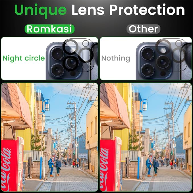 Romkasi 4 Pack Privacy Screen Protector for iPhone 15 Pro 6.1 Inch with 4 Pack Camera Lens Protector, Anti Spy Tempered Glass Film, Anti-Scratch, Touch Sensitive, Case Friendly - Image 5