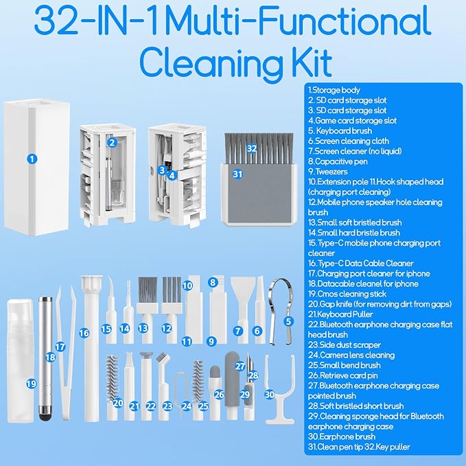 32-in-1 Keyboard Cleaning Kit iPhone Charging Port Speaker Cleaner | Multifunction Clean Tools for Airpods iPad MacBook Keyboard Earbuds Camera Computer Laptop Screen Electronics (White) - Image 6