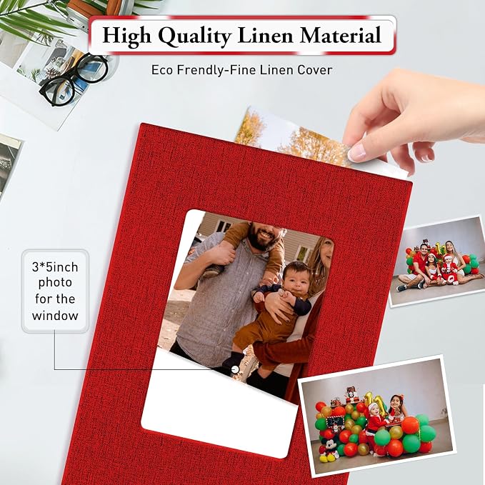 Small Photo Album 4x6,Linen Cover Slide-in Mini Photo Album Book Can Holds 100 4x6 Photos with 50 Black Sheets for Baby Family Pictures Artwork or Postcards Storage (Red) - Image 5