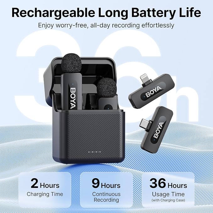BOYA BY-V3 Combo Wireless Microphone for iPhone Android Smartphone,100M Los Range,36H Duration,Noise Cancellation,Plug&Play Lavalier Lapel Mics for Vlogging Interview 2-in-1 Charging Case(2TX+2RX) - Image 2