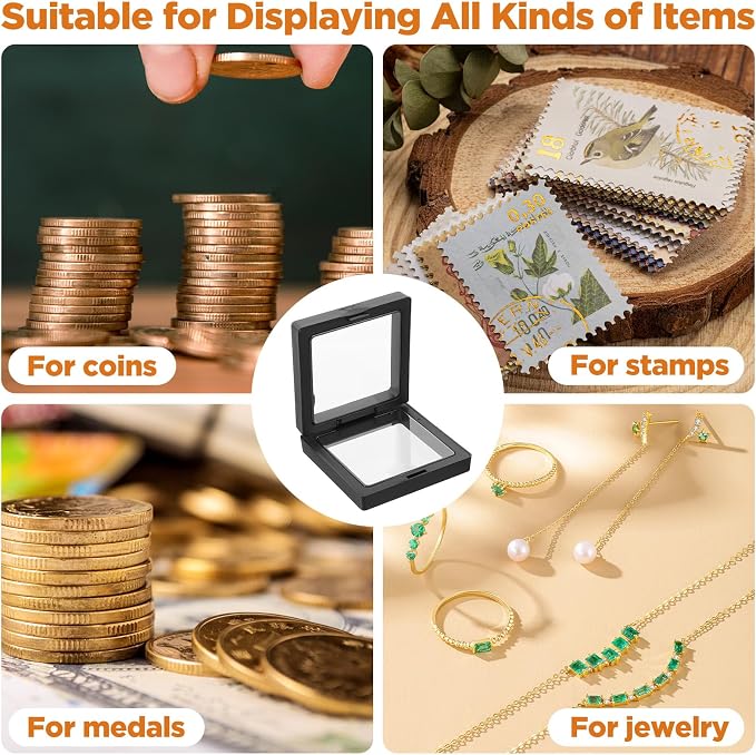 60 Pcs 3D Floating Display Case 2.8 x 2.8 x 0.8 Inch Coin Frame Display Holder Stands for Antique Challenge Coins, Jewelry, Shells, Gems, Minerals, Rocks, Specimen, Pins(Black,White) - Image 7