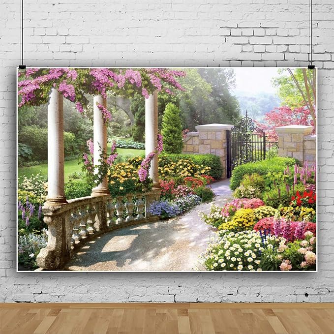 6x4ft Spring Beautiful Garden Photography Backdrop Vintage Garden Architecture Pillars Blooming Flowers Background Outdoor Wedding Portraits Photo Studio Props Wallpaper - Image 3