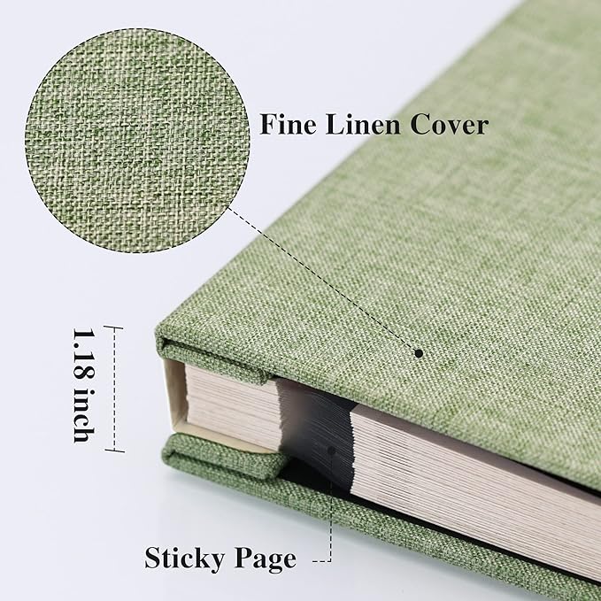 Vienrose Self Adhesive Photo Album with Window 13x12.6 60 Pages Grassgreen | Linen Cover, Scrapbook, Fits 4X6 8X10 10X12 Pictures, Metallic Pen, Diy - Image 3