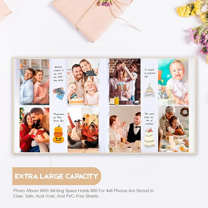 Photo Album 4x6 Vertical 600 Photos with Writing Space, Beige | Linen Cover, Acid-Free Pages, Clear PP Pockets, Memo Writing Space, Front Display Window, Family, Wedding & Travel Memories - Image 2