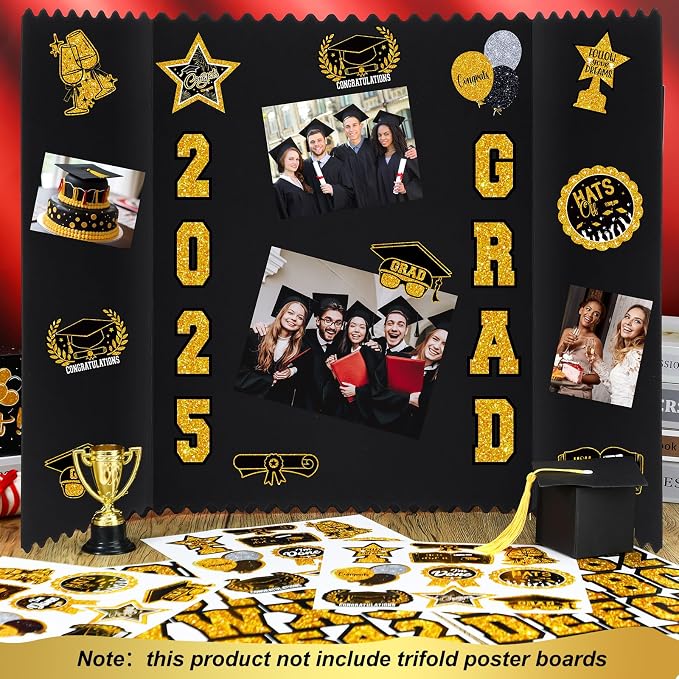 Glenmal 14 Sheets Graduation Photo Display Board Sticker Class of 2026 Black Gold Picture Display Stickers Accessories for 2026 Grad Party College Board Photo Frame Decor (12x10inch, 8.3x8.3inch) - Image 4