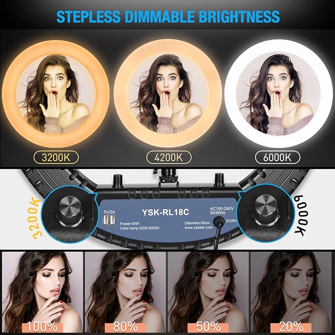 Yesker Ring Light 18 Inch with Stand Tripod Big Selfie Ringlight Adjustable 6000K Dimmable LED Portable Professional Ring Lights Kit Phone Holder for Camera Live Streaming Makeup YouTube Video TikTok - Image 2