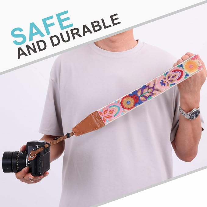 Padwa Lifestyle Colorful Knit Camera Strap - 2" Full Grain Leather Ends Camera Straps for Photographers, Vintage Embroidered Cotton Soft Suede Fabric Padded Strap Quick Release fits All Cameras - Image 7