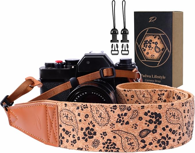 Padwa Lifestyle Cork Camera Strap - 2" Top Layer Cowhide Head Camera Straps for Photographers,Natural Log Crackle Art Print Style,Soft Chamois Velvet Padded Strap Quick Release fits All Cameras by PadwaLifestyleCameraStrap