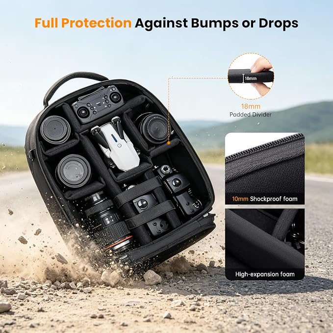Cwatcun PU Leather Camera Backpack, DSLR Bag with Tripod Holder | for Photographers DSLR SLR Mirrorless Camera Cases.Fits 2cameras +4lenses+14"laptop+drone.18mm EPE foam, side & back access - Image 4