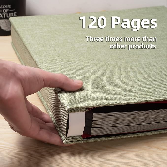 Large Photo Album Self Adhesive 4x6 5x7 3x5 8x10 Scrapbook Magnetic Album DIY Scrap Book Length 13 x Width 12.8 (Inches) 120 Black Sticky Pages Linen Cover DIY Photo Album(Gress Green) - Image 5