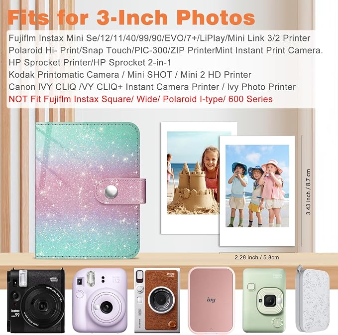Fintie Mini Photos Album Book for 2x3 Inch Films - 52 Pockets Small Albums | For Fujifilm Instax Mini, Polaroid Hi-Print Pictures, Portable Kpop Photocard Holder, Travel Memory Book, Glitter Green/Pink - Image 2