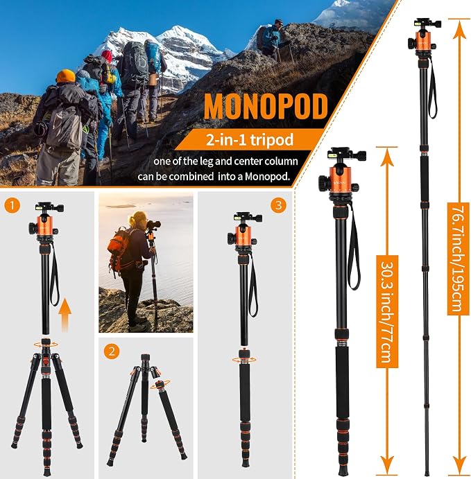 Victiv Camera Tripod, 80" Ball Head Tripod with Carry Bag & Phone Holder | Aluminum Heavy Duty Tripod Stand, 2-in-1 Camera Tripods & Monopods, Compatible for DSLR Binoculars Spotting Scope Telescope - Image 5