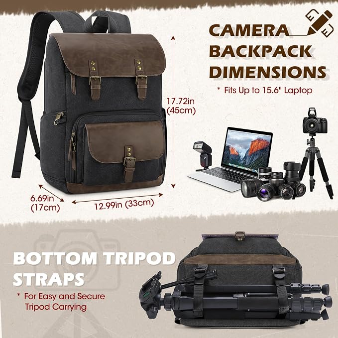 RAINSMORE Vintage Camera Bag with Side Access for DSLR/SLR Mirrorless | 25L Waterproof 15.6 Inch Laptop Photography Backpack with Rain Cover & Tripod Holder Anti-theft Camera Bags for Photographers - Image 6
