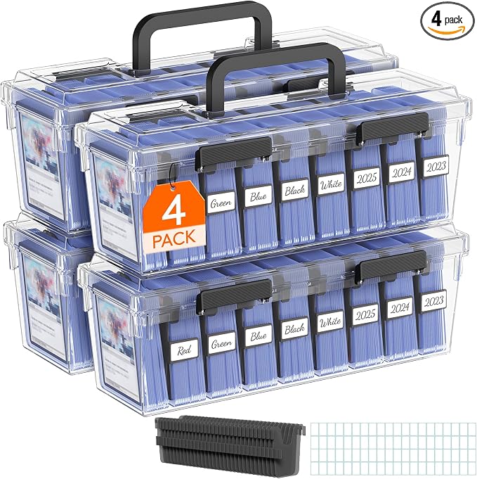 Lifewit Trading Card Storage Box with Handle, Fit for Toploader, 4 Pcs | Stackable Reinforced Latch Case with 8 Adjustable Dividers, Writable Labels, Organizer for MTG TCG Sports Baseball Bulk Cards by Lifewit