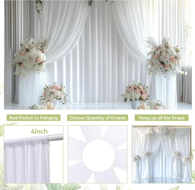 10x12 ft White Backdrop Curtains for Weddings Parties, Birthdays and Photos | 2 Panels 5x12 ft, Wrinkle-Free Polyester Drapes, Washable, Ironable, 4 in Rod Pocket for Baby Showers Photography Background - Image 8