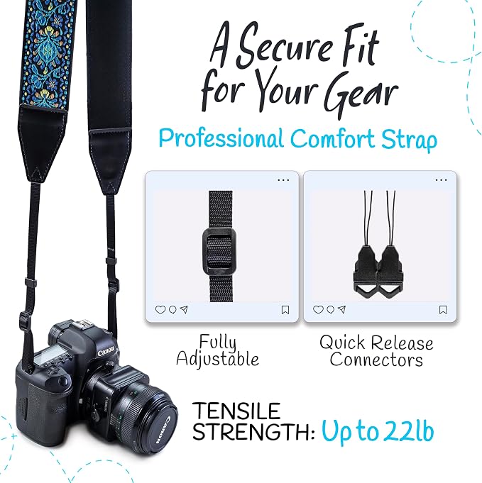 Camera Strap - Shoulder, Crossbody & Neck Camera Strap for Photographers, Fits All Cameras, Canon Nikon Sony Fujifilm, Padded Strap W/ Quick Release, Embroidered Cotton & Leather Ends, Blue - Image 4