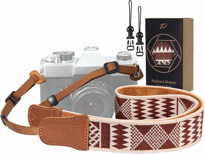 Padwa Lifestyle Diamonds Camera Strap - 1.5" Crazy Horse Cowhide Ends Camera Straps for Photographers, Cute Cotton Weave Soft Suede Fabric Padded Strap fits All Cameras for Adults & Kids by PadwaLifestyleCameraStrap