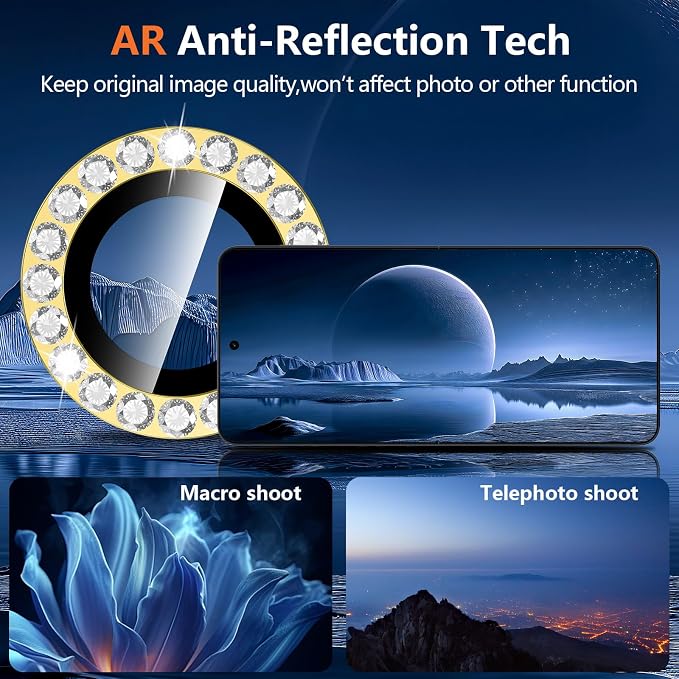 for Samsung Galaxy Z Flip 8 Camera Lens Protector, Individual Metal Ring Tempered Glass Lens Cover, [Strong Adsorption] Scratch Resistant Ultra-Thin HD Clear Lens Cover, 1 Set-Gold Diamond - Image 3