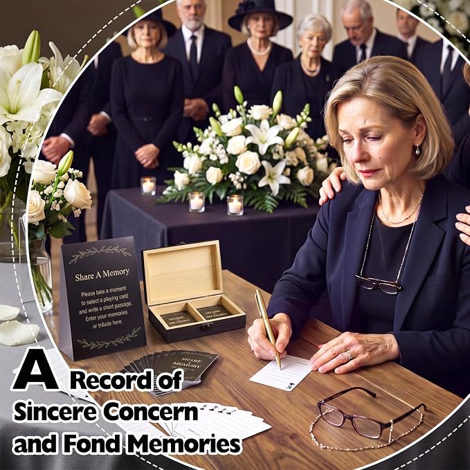 AceOrbit 57 Pcs Celebration of Life Memory Cards and Box Set | Share a Memory with Display Sign and Wooden Card Holder Box Memorial Table Card for Funeral Service Guest Book Alternative - Image 5