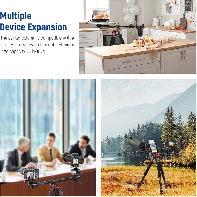 NEEWER 73.6" Horizontal Tripod with Multi Angle Center Column, Ball Head & Central Axis Platform, Heavy Duty Aluminum Camera Tripod Monopod 360° Pan 180° Tilt for Overhead/Macro Shots, Max Load 22lb - Image 8