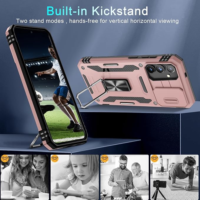 DEERLAMN Case for Samsung Galaxy S25 Plus/S24 Plus 6.7-Inch with Slide Camera Cover+Screen Protector(1 Pack), Rotated Ring Kickstand Military Grade Shockproof Protective Cover-Rose Gold - Image 5