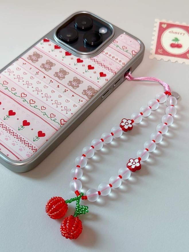 Drawwind Phone Charm Beaded Wristlet Strap Universal Cell Phone Lanyard Cute Bracelet Wrist Strap Beaded Chain String Handmade Accessories for Case Camera Bags (Cherry Crush) - Image 4