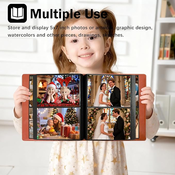 Photo Album 5x7 Holds 272 Pictures Leather Cover 5 x 7 Album Extra Large Capacity Picture Book Acid Free Inner Pages Book for Wedding Family Boys Girls Art Work Photos (Brown) - Image 2