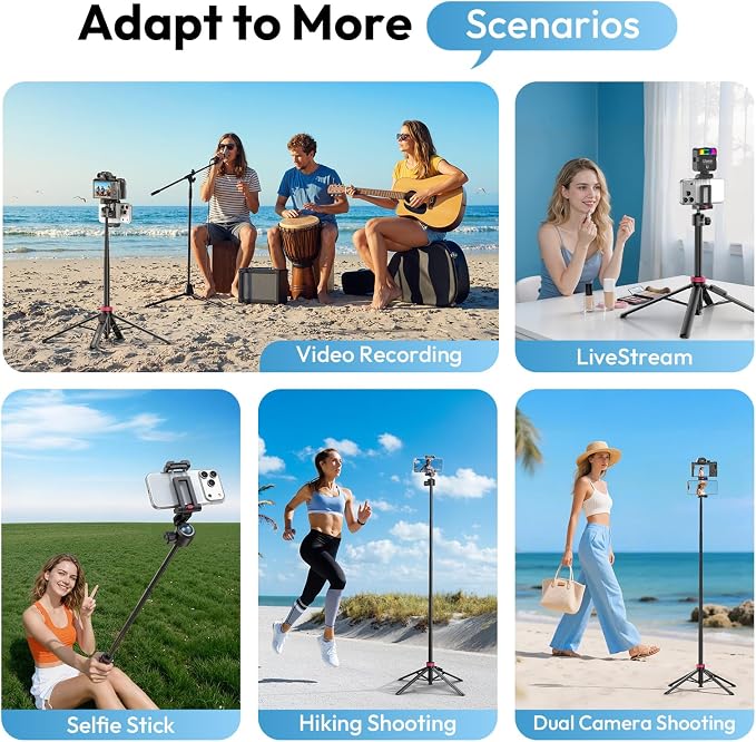 ULANZI MT-44B Phone Tripod, 59'' Auto Open Phone Stand Dual Camera Set up | 360° Ball Head, Extendable Selfie Stick w Cold Shoe, Stable Four-Leg for Filming Vlog Travel, Family Gatherings - Image 8