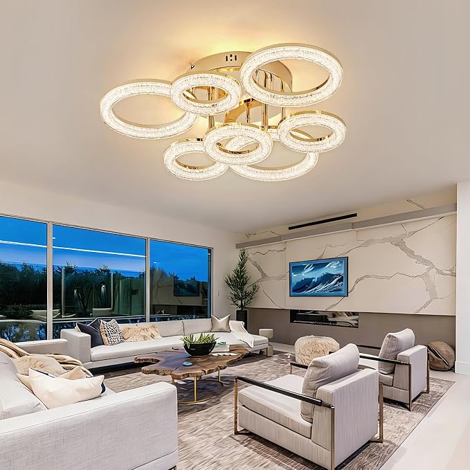 Modern Ceiling Light, 7 Rings 23'' Dimmable LED 106W Flush Mount Ceiling Lights with Remote Acrylic Crystal Round Ceiling Light Fixture, Bedroom Living Room Dining Room, Gold - Image 8
