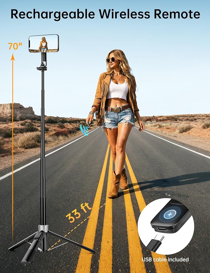 70" Magnetic Phone Tripod, Selfie Stick Tripod for iPhone MagSafe & Camera | Rechargeable Remote & 2 in 1 Magnetic Holder, 360° Rotatable Portable Cell Phone Stand for Travel Vlog Video Recording - Image 3