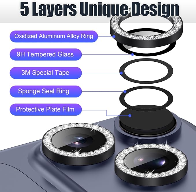 AGVEE 3+3 6 Pack for iPhone 17 Pro & Max Camera Lens Protector Cover | Individual Bling Diamond & Bling Glitter Sparkle Cute Gem Metal Ring, 9H Tempered HD Glass - Image 7